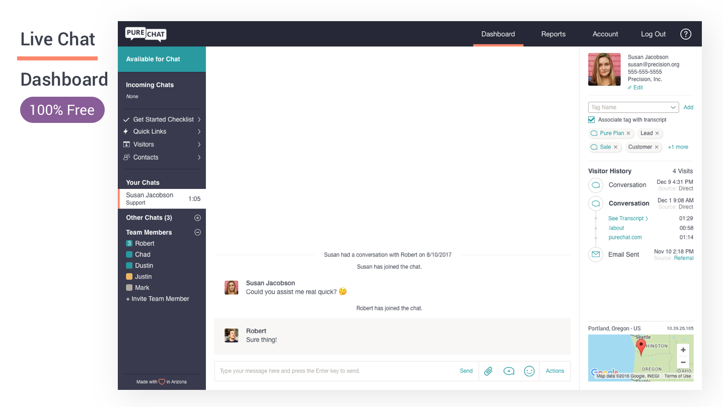 Pure Chat's live chat dashboard.